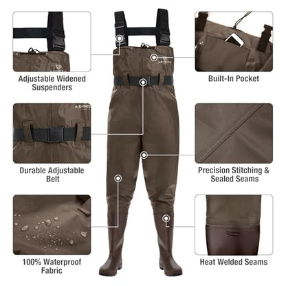 FISHINGSIR Fishing Waders for Men, 2-Ply Nylon/PVC Waterproof Women Chest Wader with Boots, Bootfoot Hunting Waders - color: Brown, size: M10/W12