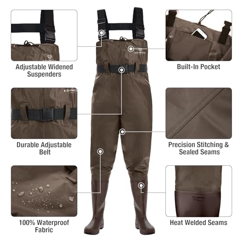 FISHINGSIR Fishing Waders for Men, 2-Ply Nylon/PVC Waterproof Women Chest Wader with Boots, Bootfoot Hunting Waders - color: Brown, size: M05/W07