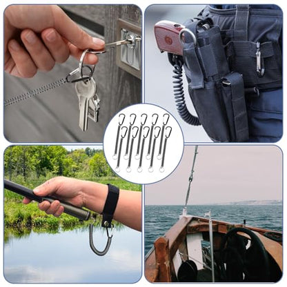 Fishing Lanyards, 10 Pcs Heavy Duty Retractable Coiled Lanyard Spring Coil Cord Keychain, Fishing Tool Tether Steel Wire Coiled Lanyard with Keychain for Pliers Boating Kayak Pliers Boating, Black