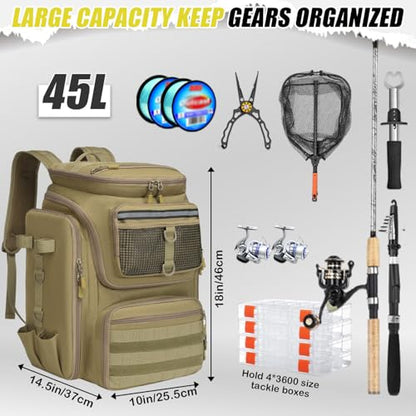 HAMBOLY Fishing Backpack 45L with Rod Holders, Water-Resistant Tackle Backpack for Fishermen, Large Capacity Fishing Gear Bag for Travel Hiking Camping - color: Brown (4 Tackle Boxes Included)