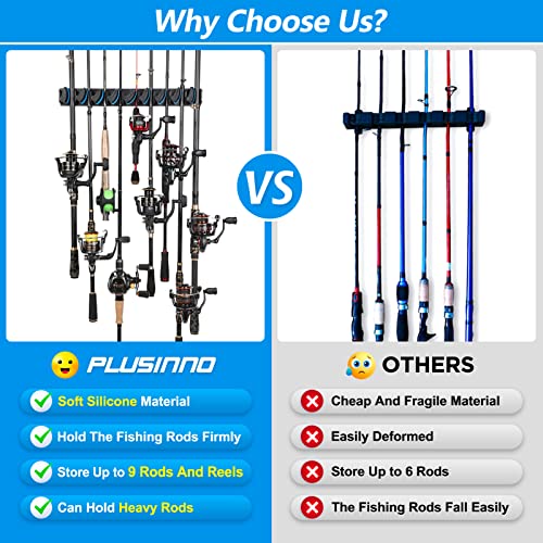 PLUSINNO 4 Pack Vertical Fishing Rod Rack, Wall Mounted Fishing Rod holder, 4 Packs Fishing Pole Holders Hold Up to 36 Rods or Combos, Fishing rod holders for garage, Fishing Gear and Gifts for Men - style: Blue 4-pack (store 36 combos)