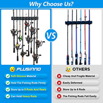 PLUSINNO 4 Pack Vertical Fishing Rod Rack, Wall Mounted Fishing Rod holder, 4 Packs Fishing Pole Holders Hold Up to 36 Rods or Combos, Fishing rod holders for garage, Fishing Gear and Gifts for Men - style: Blue 4-pack (store 36 combos)