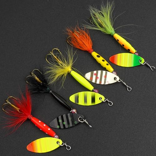 Spinner Baits Bass Lures Rooster Feather Tail Trout Lures Hard Metal Inline Spinner Bait Fishing Lure for Bass Salmon Trout - style: 5pcs Spinnerbaits Kit