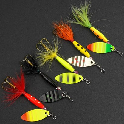 Spinner Baits Bass Lures Rooster Feather Tail Trout Lures Hard Metal Inline Spinner Bait Fishing Lure for Bass Salmon Trout - style: 5pcs Spinnerbaits Kit