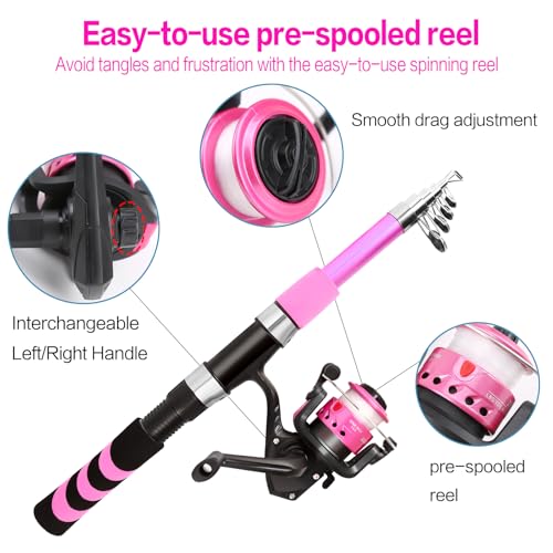 Collapsible Telescopic Fishing Rod and Reel Combo Push Button Small Fishing Pole Kit Beginner Youth Boys Fishing Starter Set Tackle - color: Pink, size: 5.9FT