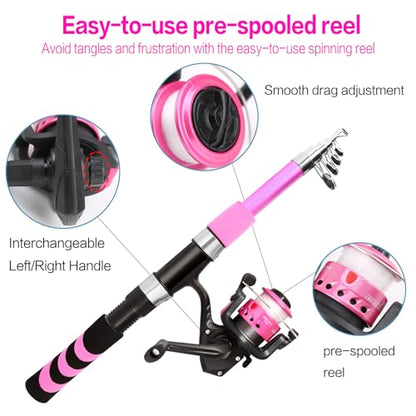 Collapsible Telescopic Fishing Rod and Reel Combo Push Button Small Fishing Pole Kit Beginner Youth Boys Fishing Starter Set Tackle - color: Pink, size: 5.9FT