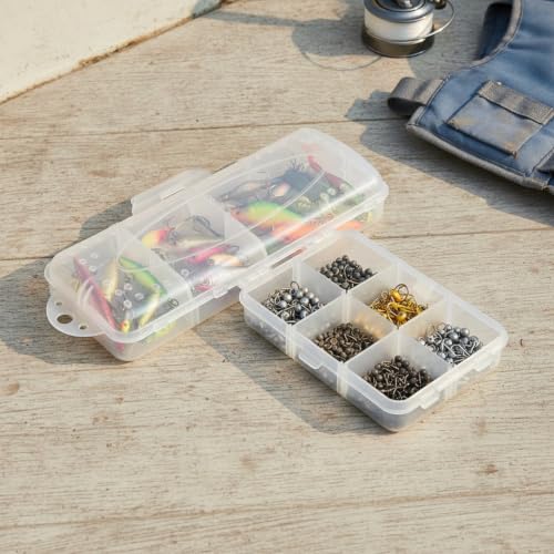 Kayak and Bank Fishing Essential: Double-Sided Folding Tackle Box with 12 Compartments for Lures, Slim PP Plastic Organizer - color: Clear