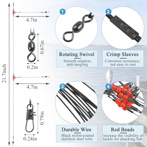Fishing Leaders Saltwater Fishing Rigs Fishing Wire Leaders with Swivels Snaps High-Strength Fishing Leader Line Rig Bottom Rig Nylon Steel Sea Surf Fishing Rigs Tackle 1Arm 2Arms - color: Black Stainless Steel, style: 2 Arm, 12pcs