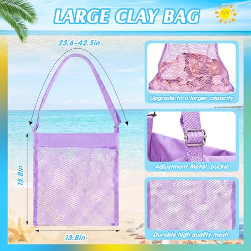 VioraWhite 2 Pcs Extra Large 14 x 16inch Clam Mesh Chum Beach Bags for Seashells Clams Treasures Sand Away Foldable Shell Collection Bags with Adjustable Straps (Purple) - color: Purple
