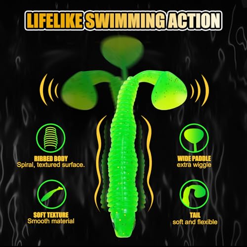 3D Eyes Paddle Ribbed Bait, 2.5in 3in 4.1in Soft Plastic Paddle Tail Swimbaits Fishing Lures for Bass Fishing Freshwater Saltwater 12/20/25 PCS - color: Green, size: 4.1in(10.5cm)-12PCS