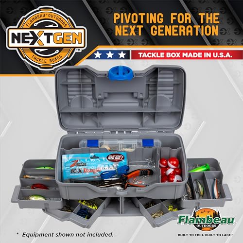 Flambeau Outdoors Next Gen 4/0 Medium Fishing Tackle Box - 4 Pivot Trays, 23 Compartments, Includes 25-piece Tackle Kit, Fishing Tackle and Gear Storage, Fishing Lure Organizer, Light Gray - size: Medium - With Tackle Kit - Light Gray