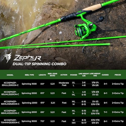 KastKing Zephyr Dual-Tip Fishing Rod and Reel Combo,Spinning & Baitcaster Combo,Dual Tips Section for Different Powers,IM6 Graphite 2-Piece Rod with Extra Tip,Sensitive & Powerful,Freshwater Fishing - style: Spin: 6'0''- L& Ml- Dual-tip Rod -2000 Reel(gre