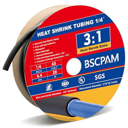 1/4" Heat Shrink Tubing, 65FT Marine Grade 3:1 Shrink Ratio Shrink tubing, Adhesive Lined Heat Shrink Tube, 1/4 Waterproof Shrink Tube for Wires Home Automotive-Black - size: 1/4"-65 Feet