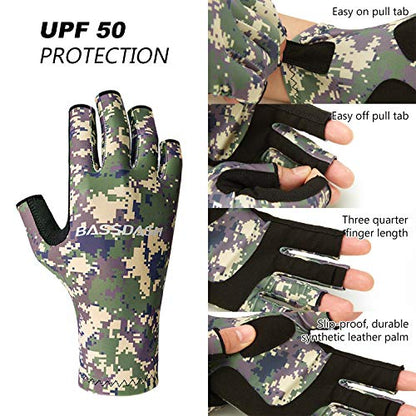 Bassdash ALTIMATE UPF 50+ Sun Protection Fingerless Fishing Gloves Men - color: Jungle Camo, size: Medium
