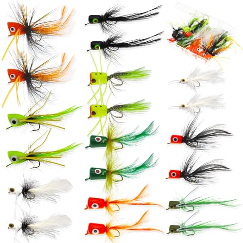 Fly Fishing Poppers Fly Fishing Dry Flies Topwater Fishing Lures Bass Popper Flies Bugs Lures Panfish Bait Fly Trout Bobber Flies Kit for Bass Trout Panfish Bluegill Salmon - color: 20pcs Fly Fishing Poppers