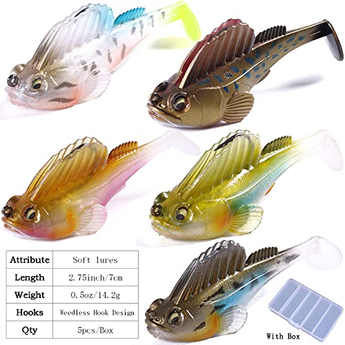 Weedless Soft Plastic Fishing Lures for Bass Trout - Paddle Tail Swimbaits With Hidden Pre-Rigged Sharp Hooks for Freshwater Saltwater - 5pcs Kit With Box - color: A:2.75in/0.5oz/5pcs