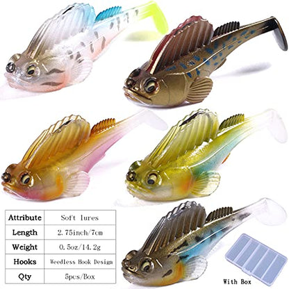 Weedless Soft Plastic Fishing Lures for Bass Trout - Paddle Tail Swimbaits With Hidden Pre-Rigged Sharp Hooks for Freshwater Saltwater - 5pcs Kit With Box - color: A:2.75in/0.5oz/5pcs