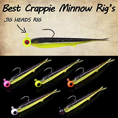 Crappie-Baits- Plastics-Jig-Heads-Kit-Minnow-Fishing-Lures-for Crappie-Panfish-Bluegill-20Piece Kit - 15 Bodies- 5 Crappie Jig Heads - color: #07 TuxedoBlack-Chartreuse