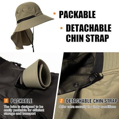 Oversized XL XXL Mens Sun Hat Big Head Neck Flap Shade Waterproof UPF50+ Wide Brim Hat Fishing Safari Hiking - color: Army Green, size: Medium-Large