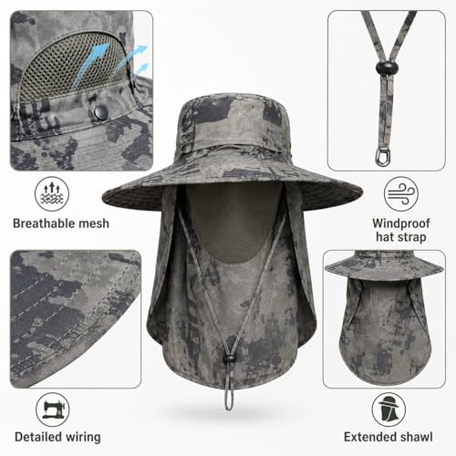 Sun Hat Unisex Face Coverage Shield Neck Flap Cap Garden Lawn Work Sports Hiking Fishing Hats - color: Army Green Ink Wash