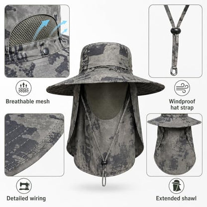Sun Hat Unisex Face Coverage Shield Neck Flap Cap Garden Lawn Work Sports Hiking Fishing Hats - color: Army Green Ink Wash