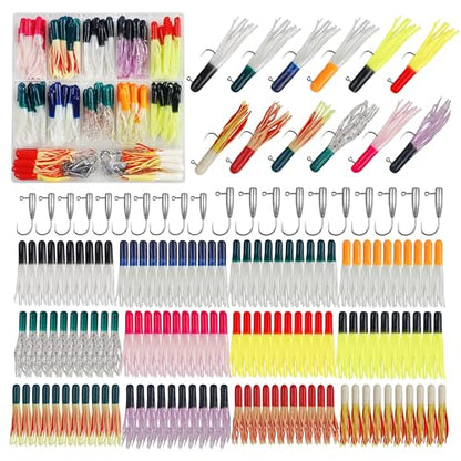 Crappie Jigs Kit with Tube Baits,Soft Plastic Crappie Lures Grub Worm Swimbaits and Tube Jig Heads Hook for Bass Panfish Trout Fishing Freshwater Saltwater