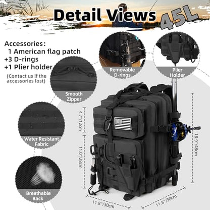 TBNBO 45l Large Fishing Tackle Backpack with Removable Plier Holder & Rod Holders, Fishing Gear and Tackle Box Organizer, Hiking Rucksack without Tackle Box,Black Tactical Bag - color: Black