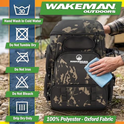 Fishing Backpack with Tackle Boxes, Rod Holders, 7 Zippered Storage Pockets and Water-Resistant Cover - Tactical Backpack Tackle Bag for Fishing Gear and Equipment by Wakeman Outdoors (Camo Black)