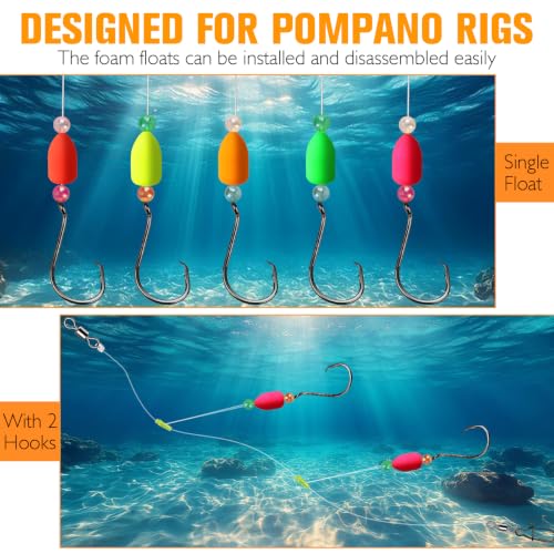 Dovesun 220/104/80/60/54/52/42pcs Pompano Rig Floats for Surf Fishing Foam Bobbers for Fishing Fly Fishing Bobbers Floats Bright Color Kit/Round/Cylindrical/Heart/Bullet/Pill/Spin Shape - color: Bullet V2-75pcs