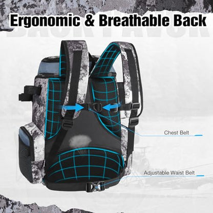 Piscifun Fishing Tackle Backpack with Rod Holders & 4 Tackle Boxes, 42L Outdoor Fishing Bag with Waterproof Rain Cover - color: Veil Camouflage
