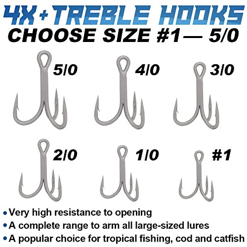 4X-Treble-Hooks-Saltwater-Big-Game-Fishing-Hooks Ultra Strong Stainless Size 3/0 1/0 2/0 4/0 5/0 - size: #1 Pack of 10