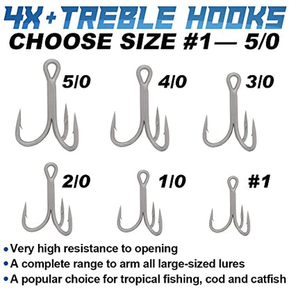 4X-Treble-Hooks-Saltwater-Big-Game-Fishing-Hooks Ultra Strong Stainless Size 3/0 1/0 2/0 4/0 5/0 - size: #1 Pack of 10