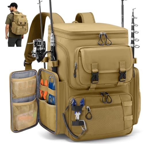 RAINSMORE Fishing Backpack, 45L Large Water-resistant Fishing Tackle Bag | with 4 Rod Holders & Insulated Cooler & Rain Cover Professional 900D Oxford Tackle Backpack for Men Gift Khaki - color: Khaki