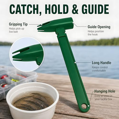 Live Bait Catcher Tool, Fishing Bait Holder and Hooking Aid | For minnows, earthworms, and shrimp during hook setup; compact green design stores easily in a tackle box.