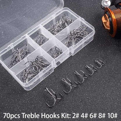 70pcs Fishing Treble Hooks Kit for Saltwater Freshwater, High Carbon Steel Barbed Treble Hooks Strong Sharp Round Bend Triple Fishing Hooks for Catfish Bass Trout Hard Baits Lures