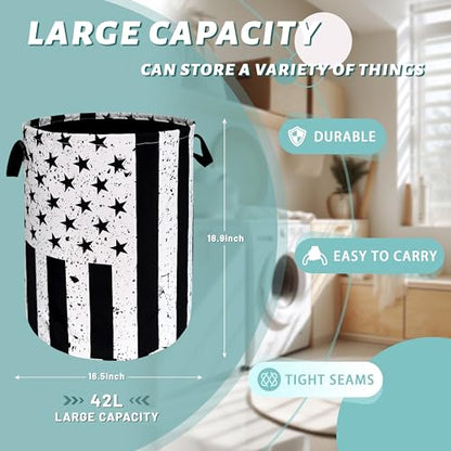 Retro Black and White American Flag Laundry Hamper USA Flag Laundry Basket With Handles Foldable Oxford Cloth Funny Tote Bag Clothes Toy Storage Bucket 18.9 x 16.5 Inch For Bathroom/Laundry/Bedroom - color: Retro Black and White American Flag