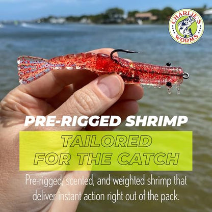 Charlie's Worms Soft Plastic Shrimp - Scented Fishing Bait - 3pk - color: Clear Red Glitter