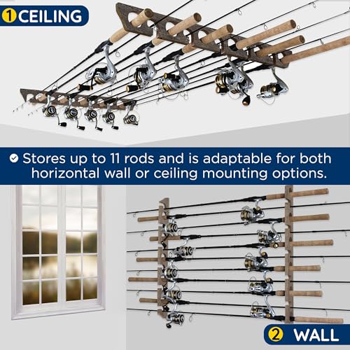 Rush Creek Creations 11-Rod Wall or Ceiling Fishing Rod Storage Rack, Vertical or Horizontal Fishing Rod Holder with 11 Rod Capacity - style: Barn Wood
