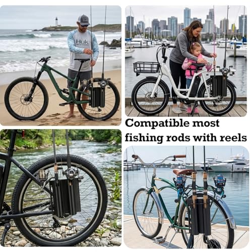 Bike Fishing Rod Holder,Fishing Rod Holder for Bike Frame,Bicycle Fishing Pole Holder with Stainless Steel R-Clamps & Elastic Straps,Secure Bicycle Rod Holder,Fits Most Rods with Reels