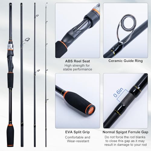 Goture Fishing Rod & Reel Combo-4/6 Piece Fishing Rod Set,Travel Fish Rod | Ultralight Spinning Rod Set w/Fishing Reel, Fishing Tackle Bag, Braided Line, Lures & Hooks Kit - color: Xceed 4 Pieces Rod w/ Hard Fishing Case, size: 8FT