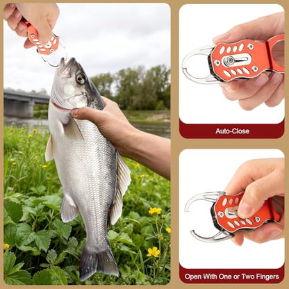 Stainless Steel Mini Fish Grip Tool, Portable Fishing Pliers with Retractable Lanyard and Carabiner, Self-Locking Rustproof Lip Gripper for Kayak Saltwater Freshwater Fishing