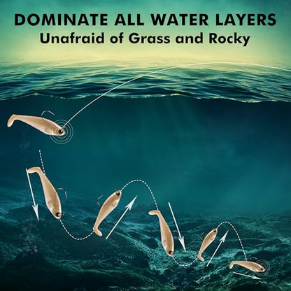 Pre-Rigged Soft Fishing Lures, Easy Catch Swimbaits for Bass Trout | Paddle & Curly Tail, Swim Baits for More Bites, Freshwater & Saltwater Fishing Bait, Crappie Walleye Pike Lures, Value Pack - color: A-2"-0.16oz