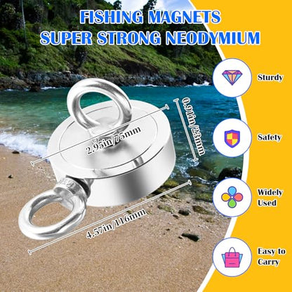 VNDUEEY 1000LBS Magnet Fishing Kit, 2.95" Double Hole Fishing Magnet Kit with Rope, Strong Magnets for Retrieving in River Lake Beach Lawn, Includes 65Ft Rope, Carabiner, Gloves, Grappling Hook, Case - size: 2.95" 1000LBS, style: Double Hole Kit with Case