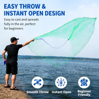 Nylon Multfilament Cast Net, 4FT/8FT/10FT/12FT American Style Hand Throwing Fishing Net with Zinc Plated Weights for Saltwater and Freshwater - color: N-GREEN-4