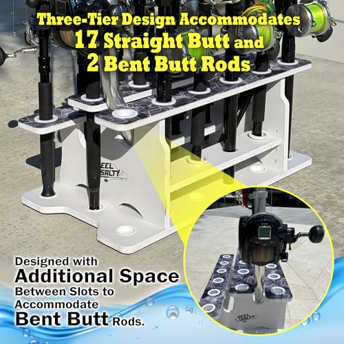 Rush Creek Creations Reel Salty 19-Rod Marine Grade Fishing Pole Holder with Tri-Level Design, UV-Resistant, 100% Waterproof Fishing Rod Holder for Garage and Dock, Blue/White - size: 19-Rod
