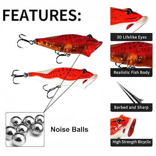 Popper Fishing Lures Topwater Fishing Baits Hard Baits 3D Eyes Swimbait Crankbait with Treble Hook for Bass Trout Freshwater Saltwater - color: 5pcs-3.15in/0.44oz