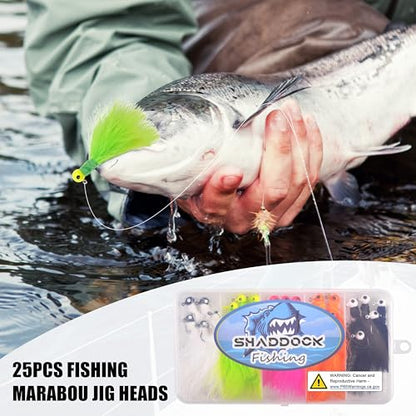 Shaddock Fishing Marabou Jig Heads Kit, 25pcs Crappie Lures Hair Jigs Round Ball Head Hooks Feather Baits for Bass Sunfish Trout Walleye Panfish 1/8oz 1/16oz 1/32oz - size: 25pcs-1/8oz