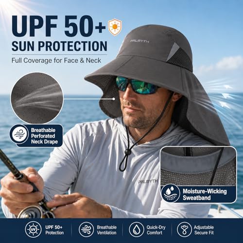 Palmyth Fishing Hat Wide Brim Sun Hat with Neck Flap & Sunglasses Storage | Sun Protection, Adjustable Fit, Breathable Mesh & Sweatband, Foldable, For Men & Women - color: Carbon
