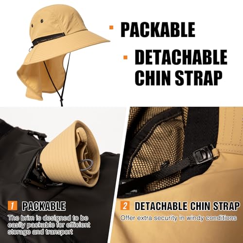Oversized XL XXL Mens Sun Hat Big Head Neck Flap Shade Waterproof UPF50+ Wide Brim Hat Fishing Safari Hiking - color: Khaki, size: X-Large-XX-Large