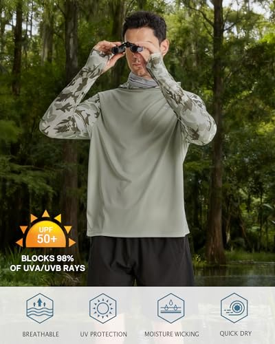 FISHEAL Men's Performance Fishing Hoodie Shirt - UPF 50+ UV Sun Protection Long Sleeve Shirts with Mesh Face Mask - color: Olive Green Camo, size: X-Large